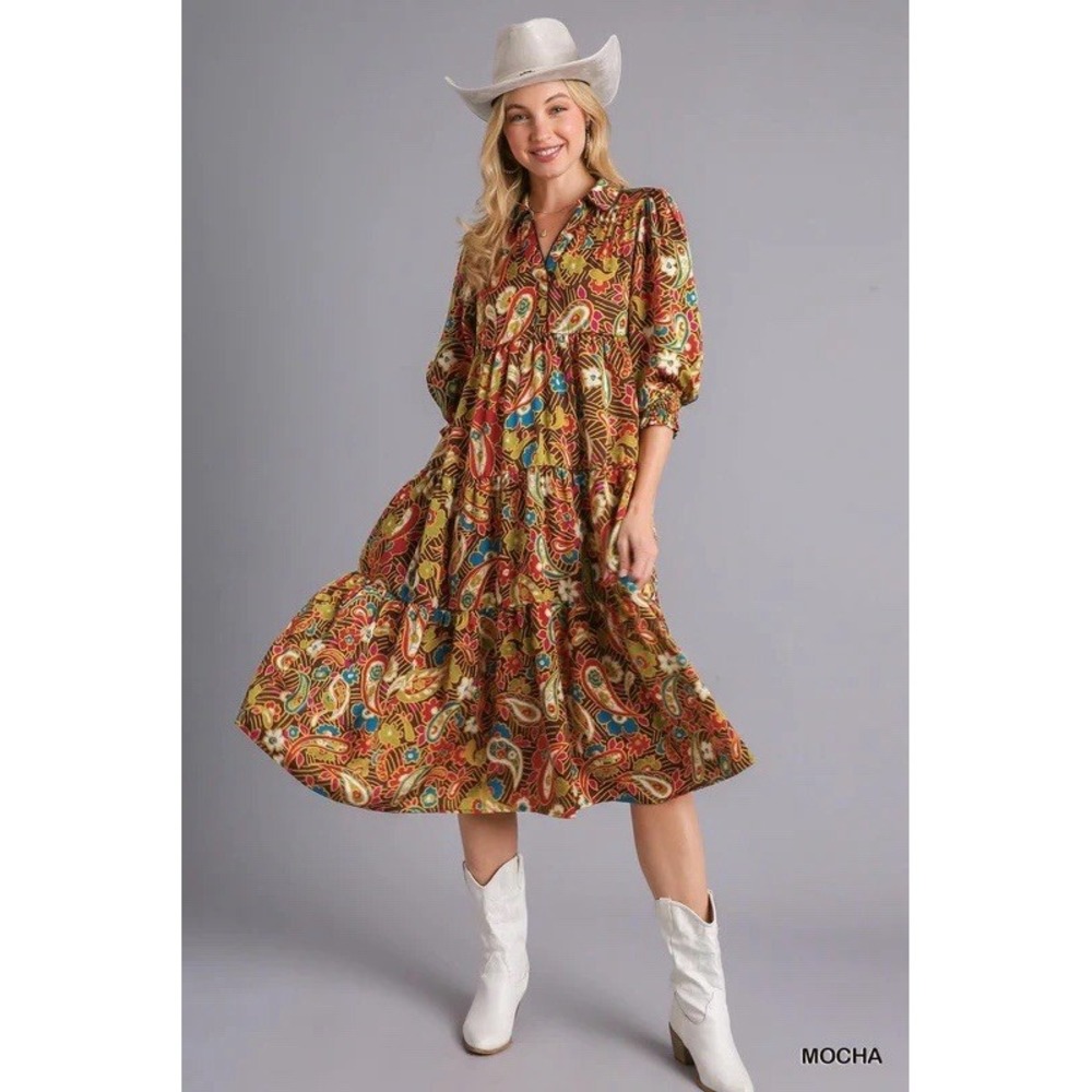 Umgee Floral Paisley‎ Collared Midi Dress Size Medium
